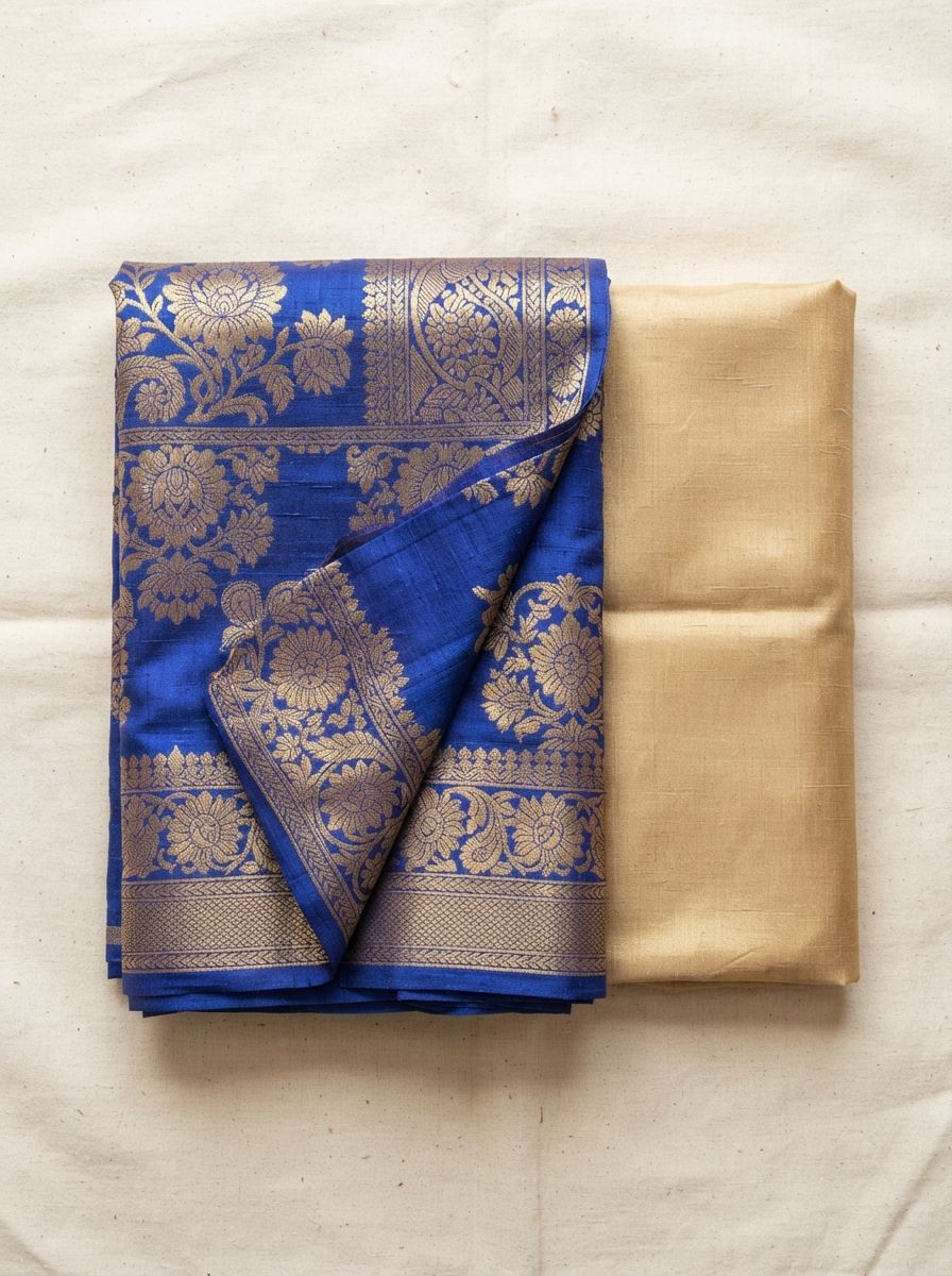 Unstitched blue woven silk and beige fabric