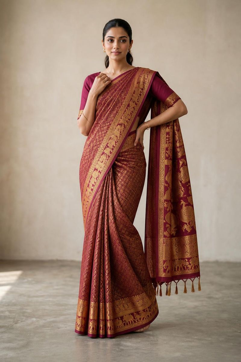 The customer wearing the Kanchipuram bridal silk saree