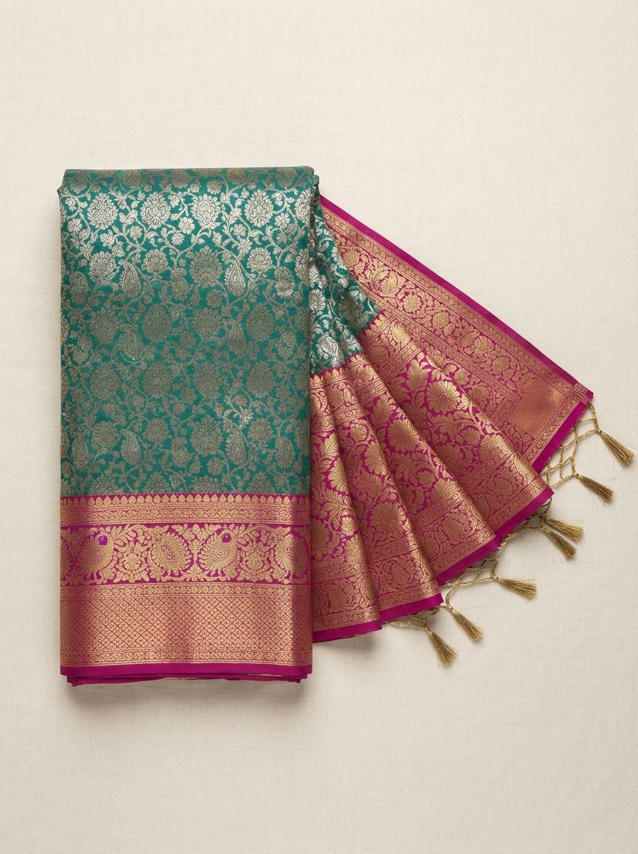 Teal Banarasi soft silk saree from the shelf
